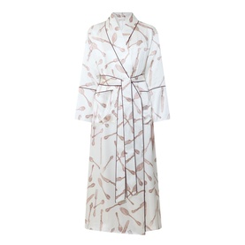 Olivia von Halle Capability Sevilla Silverware Robe in cream silk with shawl collar, silverware print, contrast piping and self-tie belt