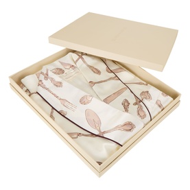 Olivia von Halle Capability Sevilla Silverware Robe in cream silk with silverware print, presented in a luxury gift box.