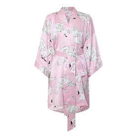 Olivia von Halle Mimi Selene Swan Robe in pink silk with swan print, shawl collar, three-quarter sleeves, and self-tie belt