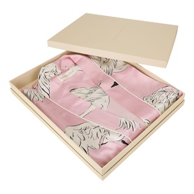 Olivia von Halle Mimi Selene Swan Robe in pink swan print silk, presented folded in a cream gift box with lid