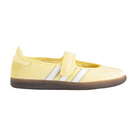 Adidas Samba-style Almost Yellow leather trainers with white three-stripe detail, velcro strap, and gum rubber sole.