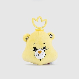 Adidas Care Bear Almost Yellow plush bear face keyring charm with gold crown clip, soft yellow fabric with embroidered features