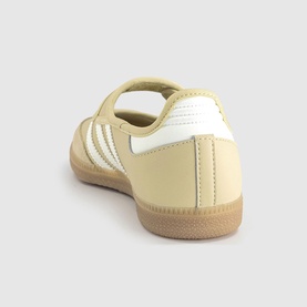 Adidas Samba trainer in dual yellow and white with gum sole, rear three-quarter view showing heel and signature three stripes