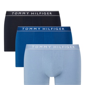 Tommy Hilfiger Boxers 3Pk in Navy Blue, Opul Blue, and Brisk Blue with branded elastic waistbands, stacked flat lay