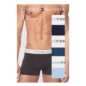 Tommy Hilfiger 3-pack stretch cotton trunks in carbon navy, blue jean and chambray blue with branded waistband, product packaging shot.