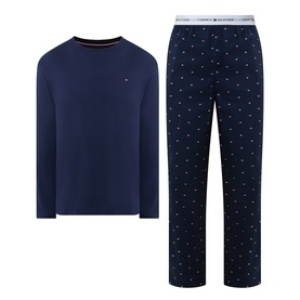 Tommy Hilfiger Pyjamas Set in Blue Spell/Carbon Navy Flag AOP, long-sleeve top with logo chest embroidery and printed trousers with branded waistband