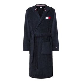 Tommy Hilfiger Flag Logo Belted Robe in navy towelling cotton with fixed hood, wrap front, matching belt and patch pockets