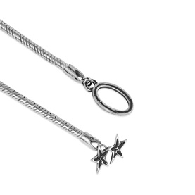 Two Jeys silver snake chain bracelet with oval lobster clasp and star charm closure detail, laid flat on white background.