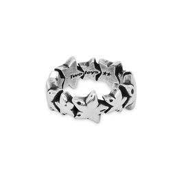 Two Jeys silver ring with repeating star motifs encircling the band, oxidised finish
