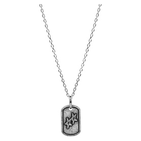 Two Jeys silver necklace with rectangular dog tag pendant featuring raised star embellishment, on fine cable chain