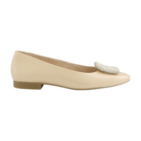 Paul Green beige leather ballet flat with embellished crystal buckle detail and low heel, side profile view