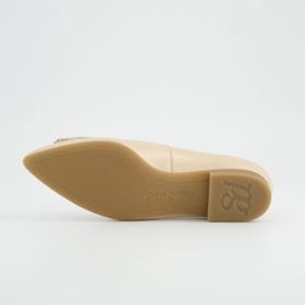 Paul Green beige court shoe sole view, showing tan rubber outsole with brand logo and block heel detail