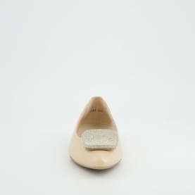 Paul Green beige patent leather ballet flat, front view, with silver glitter square toe embellishment detail.