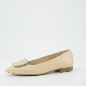 Paul Green beige leather ballet flat with silver crystal embellished buckle detail on toe, low heel, side profile view