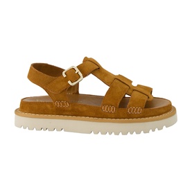 Paul Green brown suede strappy sandal with buckle fastening, ruched toe straps, and chunky white cleated sole