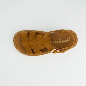 Paul Green brown suede fisherman sandal, overhead view showing woven toe cage, buckle strap, and tan sole