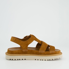 Paul Green brown suede strappy sandal with chunky cream ridged sole and elasticated slingback strap, side view