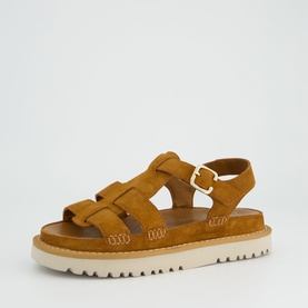 Paul Green brown suede fisherman sandal with ankle buckle strap and cream chunky cleated sole