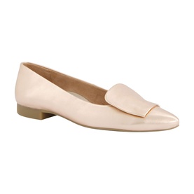 Paul Green pink patent leather pointed-toe loafer flat with gold-tone heel block and front tab detail