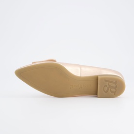 Paul Green pink pointed-toe court shoe, sole view showing beige rubber outsole with embossed brand logo and low block heel.