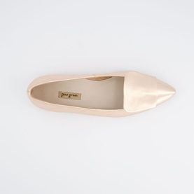 Paul Green pink satin pointed-toe flat pump, overhead view showing sleek silhouette and nude interior lining