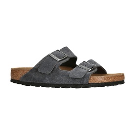 Birkenstock grey suede double-strap buckle sandal with cork footbed and black sole
