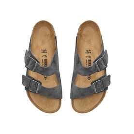 Birkenstock grey suede double-buckle sandals with cork footbed, top-down view