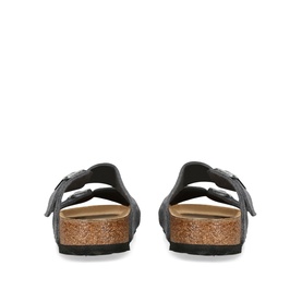 Birkenstock grey two-strap slide sandals, rear view showing cork footbed and buckle fastening