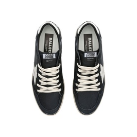 Golden Goose black leather low-top trainers, white star detail and cream laces, top-down view