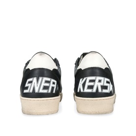 Golden Goose black leather trainers, rear view showing "Sneakers" logo detail and off-white distressed sole