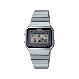 Casio silver-tone digital watch with rectangular LCD display, alarm chronograph, and stainless steel bracelet strap
