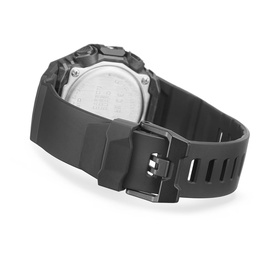 Casio watch in black grey, rear view showing rubber strap with buckle clasp and angular resin case back