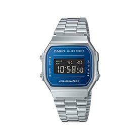 Casio digital watch in silver with blue mirror dial, square case, and stainless steel bracelet strap