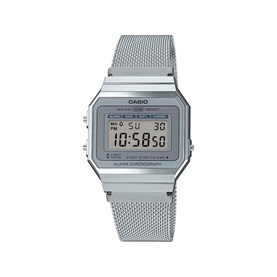 Casio silver-tone digital watch with rectangular case, grey LCD display, and fine mesh bracelet strap