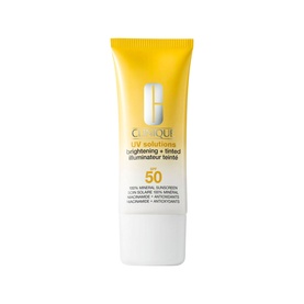 Clinique UV Solutions Brightening + Tinted Sunscreen SPF 50 in Light, yellow and white tube, mineral sunscreen formula