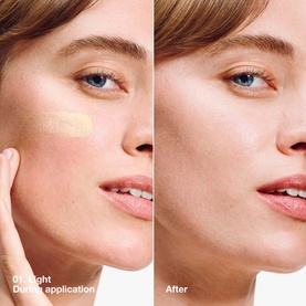 Clinique UV Solutions Brightening + Tinted Sunscreen SPF 50 in Light shown before and after application on model's cheek