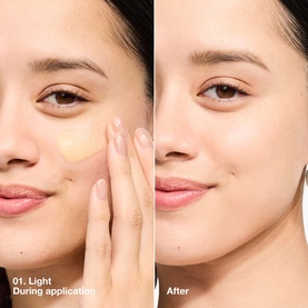 Model with Clinique UV Solutions Brightening + Tinted Sunscreen SPF 50 in Light, shown during application and after on skin