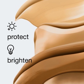 Clinique UV Solutions Brightening + Tinted Sunscreen SPF 50 in Light, swirled texture swatch showing warm beige tone with protect and brighten icons
