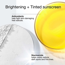 Clinique UV Solutions Brightening + Tinted Sunscreen SPF 50 in Light, showing clear gel and golden tinted textures with key ingredient callouts