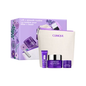Clinique Lift & Smooth Routine gift set with three skincare miniatures and cream cosmetic pouch, presented in floral gift box