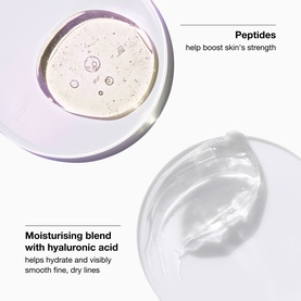 Two skincare formula swatches showing peptide-rich and hyaluronic acid moisturising blend textures on white background