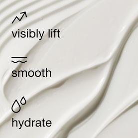 Cream texture swatch with icons and text highlighting key benefits: visibly lift, smooth, and hydrate