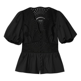 Whistles black puff-sleeve blouse with broderie anglaise lace bodice panel and smocked peplum waist
