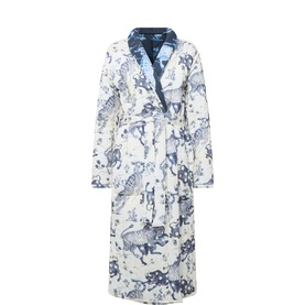 Desmond & Dempsey Thunderheart robe in navy and cream cotton, featuring an all-over toile animal print, lapel collar, and tie waist.