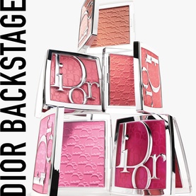 Dior Backstage Rosy Glow Blush in 106 Pomelo, stack of multiple pink blush compacts with embossed Dior logo design