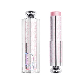 Dior Backstage Glassy Glow Stick in 001 Glazed Pink, pink balm highlighter stick with iridescent floral-patterned silver case, shown open and closed
