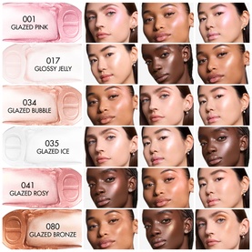 Dior Backstage Glassy Glow Stick Highlighter shade range showing 6 shades from 001 Glazed Pink to 080 Glazed Bronze on diverse skin tones