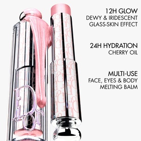 Dior Backstage Glassy Glow Stick in 001 Glazed Pink, two pink iridescent highlighter sticks with silver branding and glossy finish