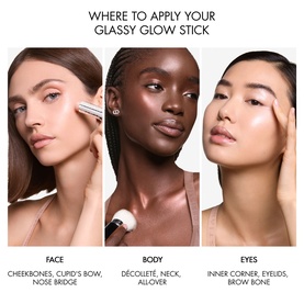 Dior Backstage Glassy Glow Stick in 001 Glazed Pink application guide showing three models demonstrating face, body, and eye placement