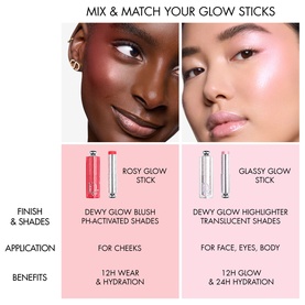 Dior Backstage Glassy Glow Stick in 001 Glazed Pink; mix and match guide comparing Rosy Glow Blush and Glassy Glow Highlighter sticks with finish and